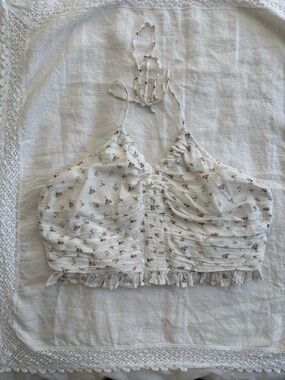 American Eagle Outfitters White Floral Ruched Halter Crop Top